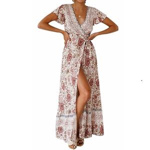 TEMOFON: Women's Bohemian Floral Printed Wrap Maxi Dress High Split (small)